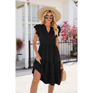 Women's Summer Casual Dress V Neck Short Sleeve Midi Sundress Party Dress Flowy Tiered Beach Dresses - 1 of 4