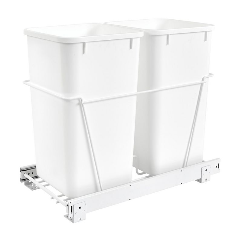 Rev-A-Shelf Double 27 Qt Pull Out Chrome Wire Trash Can Container Bin Bottom Mount for Kitchen Cabinet with Full-Extension Slides, White, RV-15PB-2 S, 1 of 7