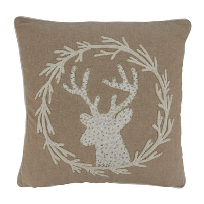 Saro Lifestyle Beaded + Embroidered Reindeer Pillow - Down Filled, 18" Square, Natural