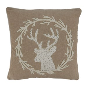 Saro Lifestyle Beaded + Embroidered Reindeer Pillow - Down Filled, 18" Square, Natural - 1 of 3