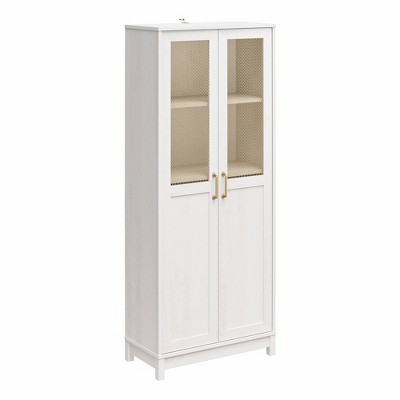 Ivory Oak 2-Door Storage Cabinet with Gold Mesh Doors