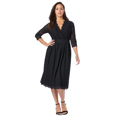 Black Plus Size V-Neck Scallop Lace Dress