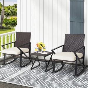 Costway 3PCS Patio Rattan Wicker Rocking Chairs Table Bistro Set Cushioned Rocker Garden - 1 of 4