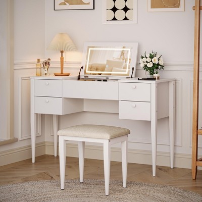 Makeup Vanity Desk with Lights and Stool, Vanity Desk with Flip Top and Mirror, Vanity Desk with Center Cabinet and 4 Drawers 3 Lighting Modes, Gold