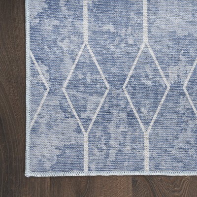 Blue Geometric Cotton Chenille 6' x 9' Washable Rug
