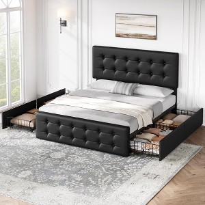 Whizmax Bed Frame with 4 Storage Drawers and Headboard, Faux Leather Upholstered Platform Bed Frame with Wooden Slats Support,  No Box Spring Needed - 1 of 4