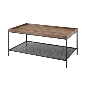 Industrial Tray Top Coffee Table with Metal Mesh Shelf Dark Walnut - Saracina Home, Dark Brown