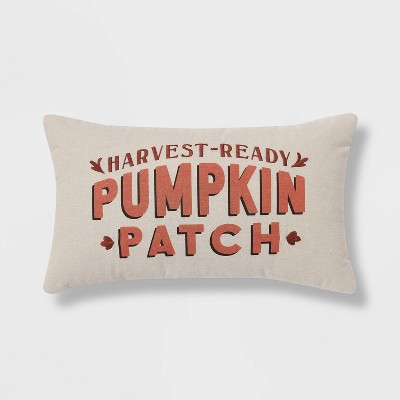 Chambray Printed and Embroidered Pumpkin Patch Lumbar Throw Pillow