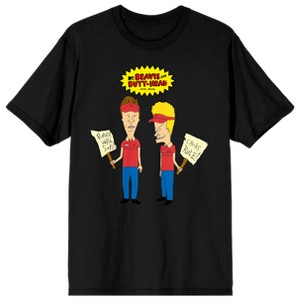 Beavis & Butthead Characters With Picket Signs Crew Neck Short Sleeve Women's Black T-shirt - 1 of 2