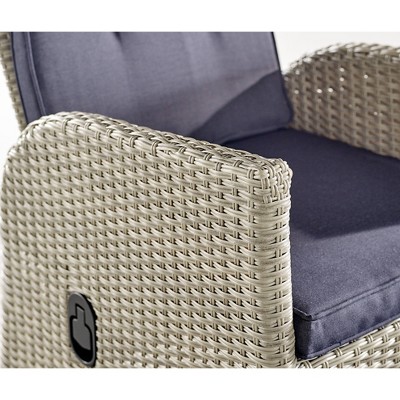Haven 5-Piece Gray Wicker Recliner Set with Blue Cushions