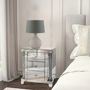 Royal Hampton 26 Inch 3 Drawer Accent Table Nightstand, Mirrored, Faux Diamond Inlay, Silver - 1 of 4