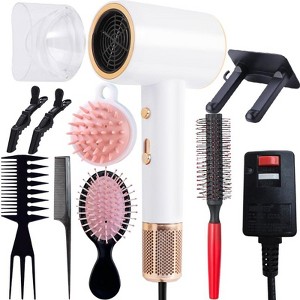 Morfone White 10-piece hammer style hair dryer, with adjustable hot and cold air. A hair styling set with comb hair clips and a fan-shaped nozzle. - 1 of 4