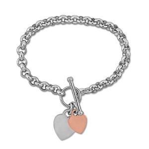 EVERLY JEWELRY | Two-Tone Silver Oval Link Heart Charms Bracelet , 7.5 inc - 1 of 4