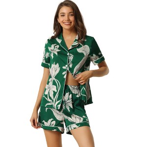 cheibear Women's Summer Short Sleeves Button Down Shirt with Shorts Pajamas Sets - 1 of 4