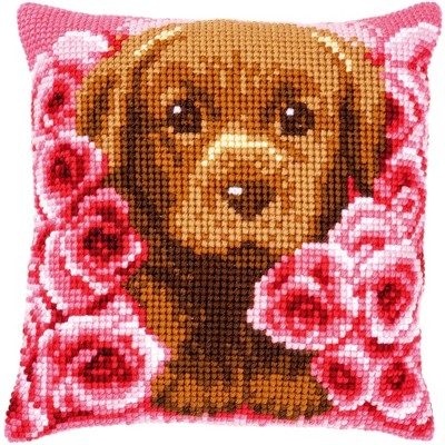Vervaco Counted Cross Stitch Cushion Kit 16"X16"-Puppy Between Roses
