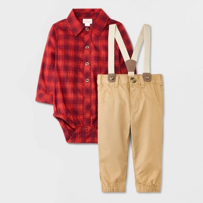 Image of Baby Boys' Plaid Suspender Set - Cat & Jack™ Maroon 0-3M
