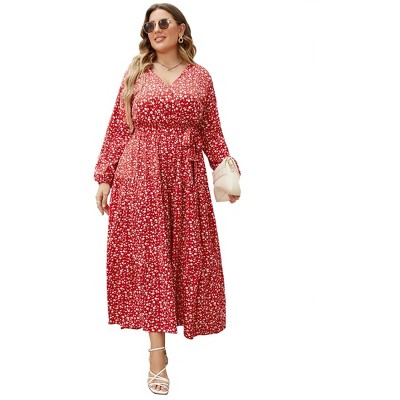 Women Plus Size V Neck Wrap Maxi Dress High Waist Ruffle Summer Casual Dress with Belt Long Sleeve,navy blue yellow flower