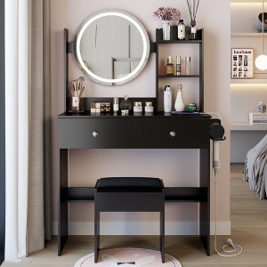 17" Makeup Drawer Dressing Table, Adjustable Brightness 3 Colors Round LED Lighted with 2 Drawers - 1 of 4