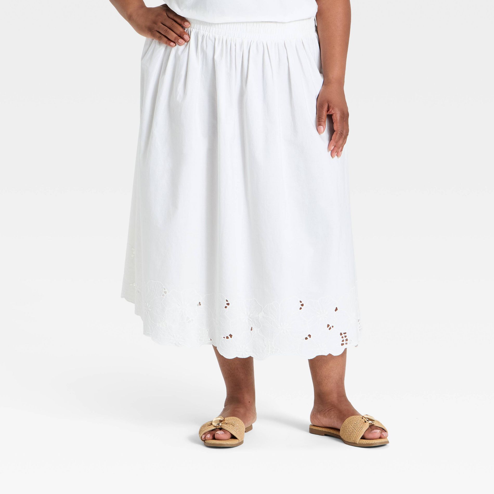 Women's Embroidered Eyelet Midi A-Line Skirt - Ava & Viv™ White