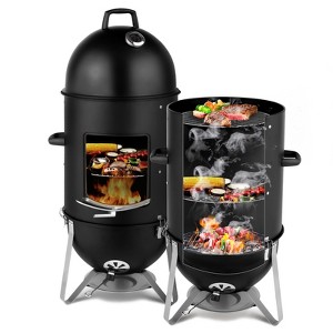 KTMBDW Vertical Steel Charcoal Smoker, Heavy Duty Three Layer Round BBQ Grill Smokey Mountain Cooker for Outdoor Cooking, Black - 1 of 4