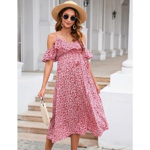 WhizMax Women's Maternity Dress Floral Ruffles Sleeveless Spaghetti Strap Dress V Neck A Line Tiered Flowy Nursing Dress - 1 of 4