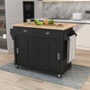 MAYEERTY White 52.2" Kitchen Cart Rubber Wood Drop-Leaf Countertop, Sliding Barn Door 2 Drawers Adjustable Height Rolling Cart - 3 of 4