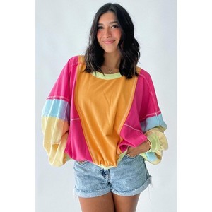 Rose Red Plus Size Colorblock Patchwork Exposed Seam Sweatshirt - 1 of 4