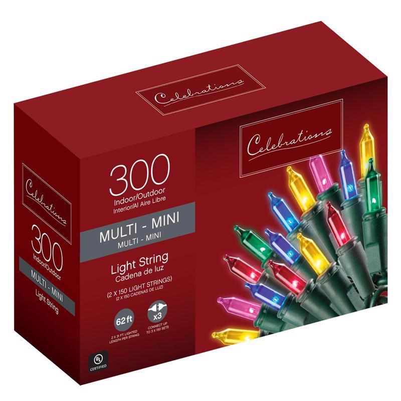 Celebrations Incandescent Mini Multicolored 300 ct String Christmas Lights 62 ft., 1 of 2