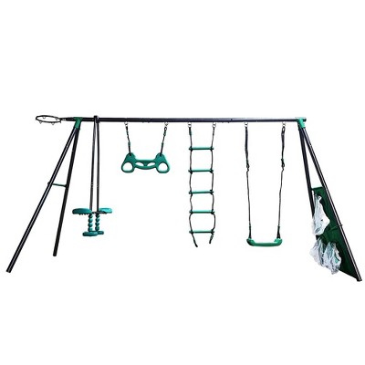 Heavy Duty Backyard Feature Swing Set, 6-in-1 Kids Swing Set with Swing, Climbing Ladder, Swing Glider, Hanging Ring, Basketball Hoop and Soccer Net
