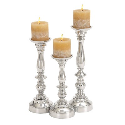 Set of 3 Traditional Aluminum Pillar Candle Holders - Olivia & May: Metal Candlestick Set, Indoor Decor