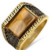 Steeltime Men's 18k gold plated stainless steel and tiger eye statement ring with black simulated diamond and greek key. - 2 of 4