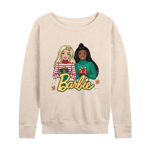 Women's - Barbie - Winter Holiday Friends Lightweight French Terry Wide Neck Long Sleeve Shirt - 1 of 4