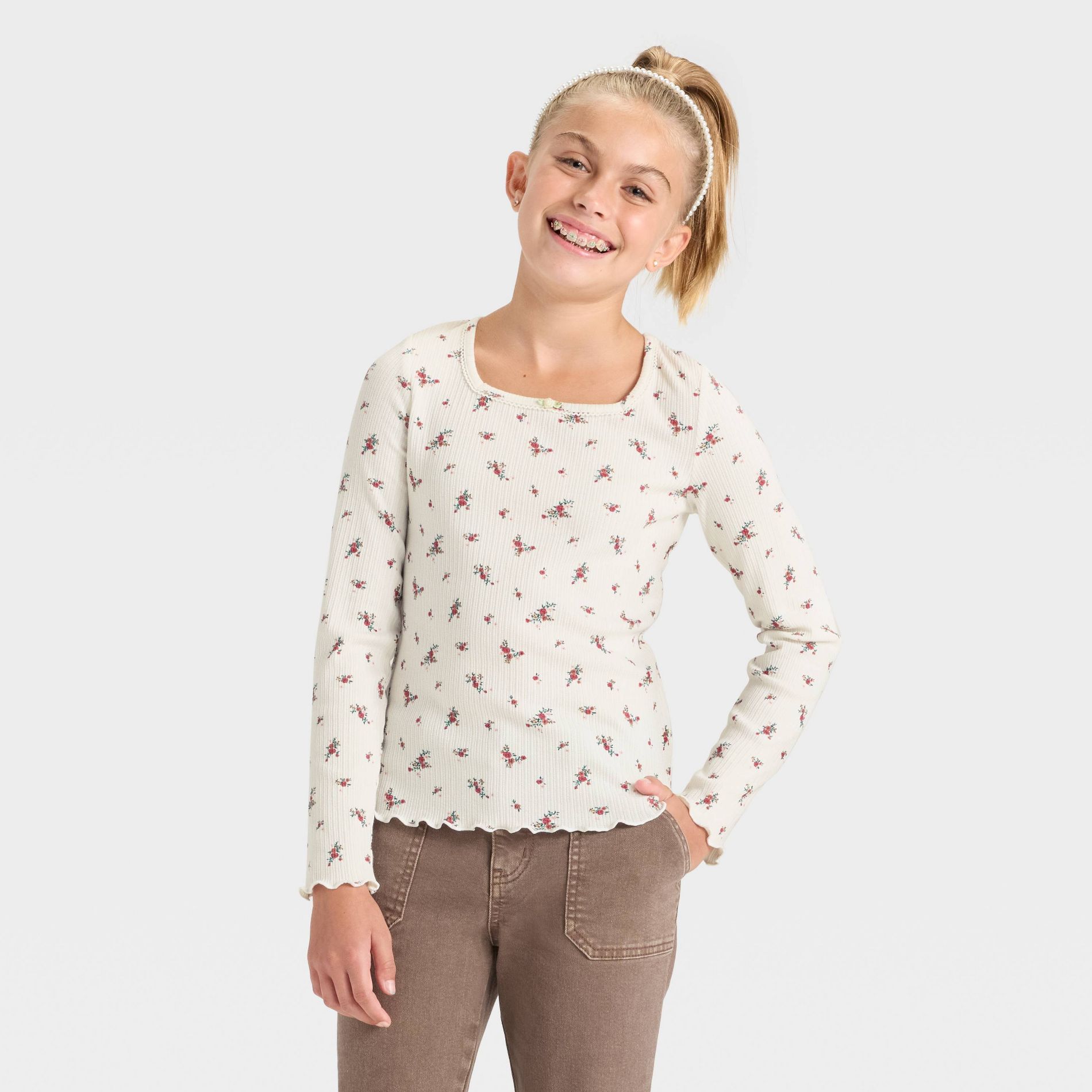 Girls' Long Sleeve Rib-Knit Floral T-Shirt - Cat & Jack™ Cream S