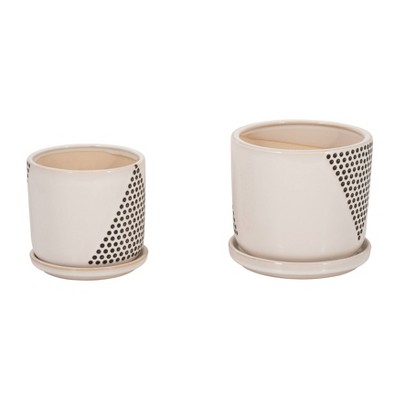 Elegant 6" White Ceramic Planter Pots with Black Dot Pattern and Saucers
