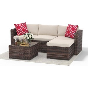 5 Pieces Patio Furniture Set, Rattan Outdoor Patio Furniture Sofa Set with Anti-Slip Cushions, All-Weather Wicker Sectional Sofa - 1 of 4