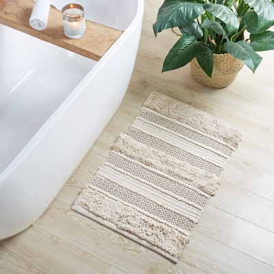 Vynxaria Bath Rugs and Mats 20x32" Natural Woven Texture Stripe Bath Rug - Artisanal Boho Handwoven Design
