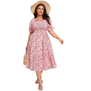 Clearlove Women's Plus Size Square Neck Puff Short Sleeve Self Tie Front A Line Dress - 1 of 4