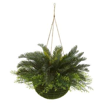 Nearly Natural 13-in Cycas Artificial Plant in Mossy Hanging Basket (Indoor/Outdoor)