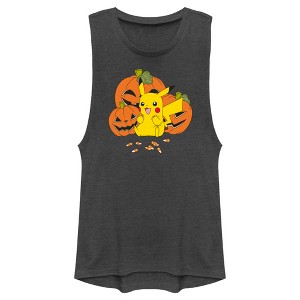 Juniors Womens Pokemon Halloween Pikachu Jack-O'-Lanterns Festival Muscle Tee - 1 of 4