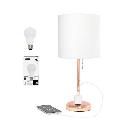 19.5" Rose Gold Metal Table Lamp with White Fabric Shade and Power Outlet