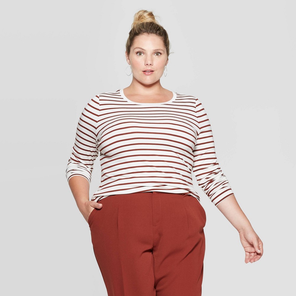 Women's Plus Size Striped Long Sleeve Crewneck T-Shirt - Ava & Viv Cream/Brown 1X, Size: 1XL, White was $12.0 now $8.4 (30.0% off)