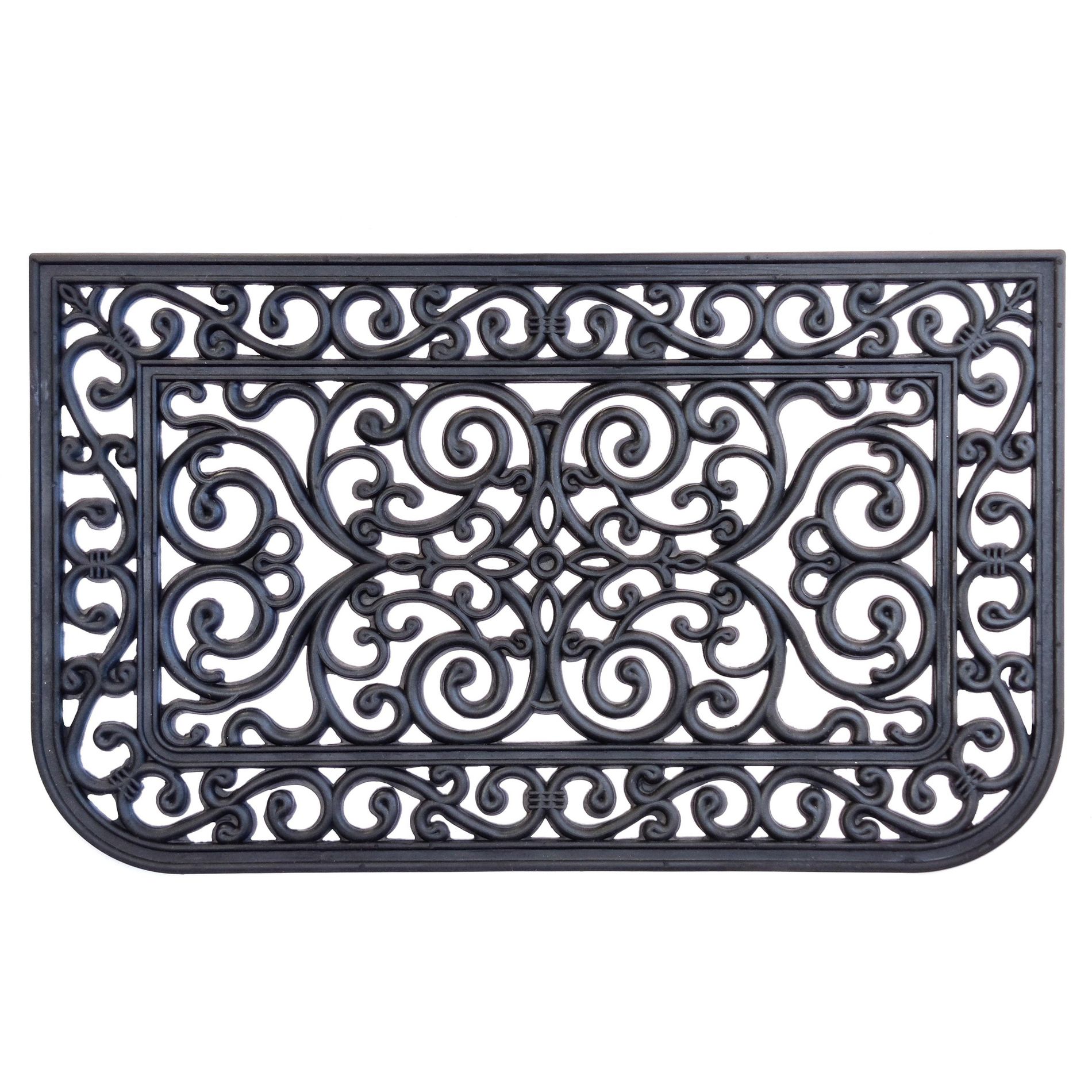 Kate Aurora Lattice 18 in. x 30 in. Tuscany Wrought Iron Designed Non Skid Rubber Outdoor Door Mat - Black