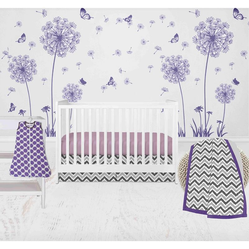 Bacati - Ikat Dots Leopard  Purple Grey Girls 4 pc Crib Set with Muslin Sleeping Sack, 1 of 7