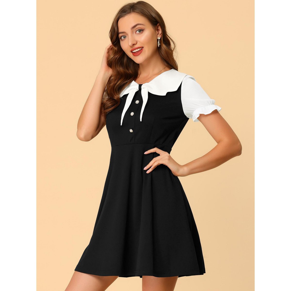 Женские платья INSPIRE CHIC Women's Bowtie Neck Contrast Color A-Line Doll Collar Dress X-Small Black — фото 4
