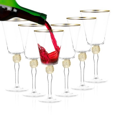 Berkware Luxurious and Elegant Sparkling Studded Long Stem Red Wine Glass with Gold Tone Rim - Set of 6 Wine Glasses