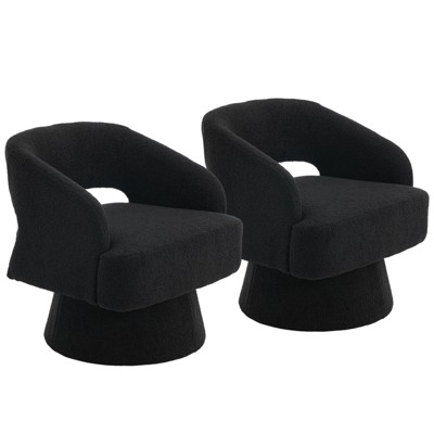 Two black swivel barrel chairs shown from front-left and slightly from the side