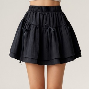 Anna-Kaci Women's Tiered Mini Skirt with Layered Ruffle Hem and Delicate Bow Accents in Soft Lightweight Fabric - 1 of 4