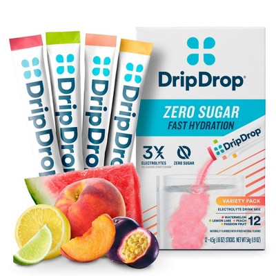DripDrop Zero Sugar Hydration Powder Vegan Electrolyte Supplements - Watermelon, Lemon Lime, Peach, Passion Fruit - 0.16oz/12ct