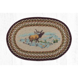Earth Rugs Winter Elk Oval Rug – 20"x30" Hand-Braided Jute Accent Mat with Snowy Forest Scene and Rustic Cabin Decor - 1 of 3