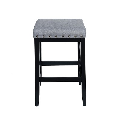 Black Rubberwood Backless Barstools with Light Gray Upholstered Seats, Set of 2